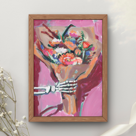 Skeleton Holding Bouquet Art Print