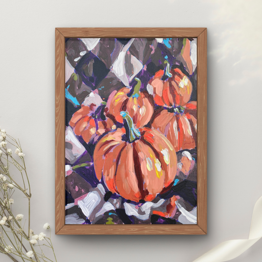 Pumpkins on Plaid Blanket Art Print