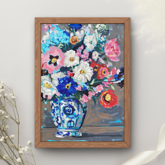 Blue and White Vase Floral Bouquet Art Print