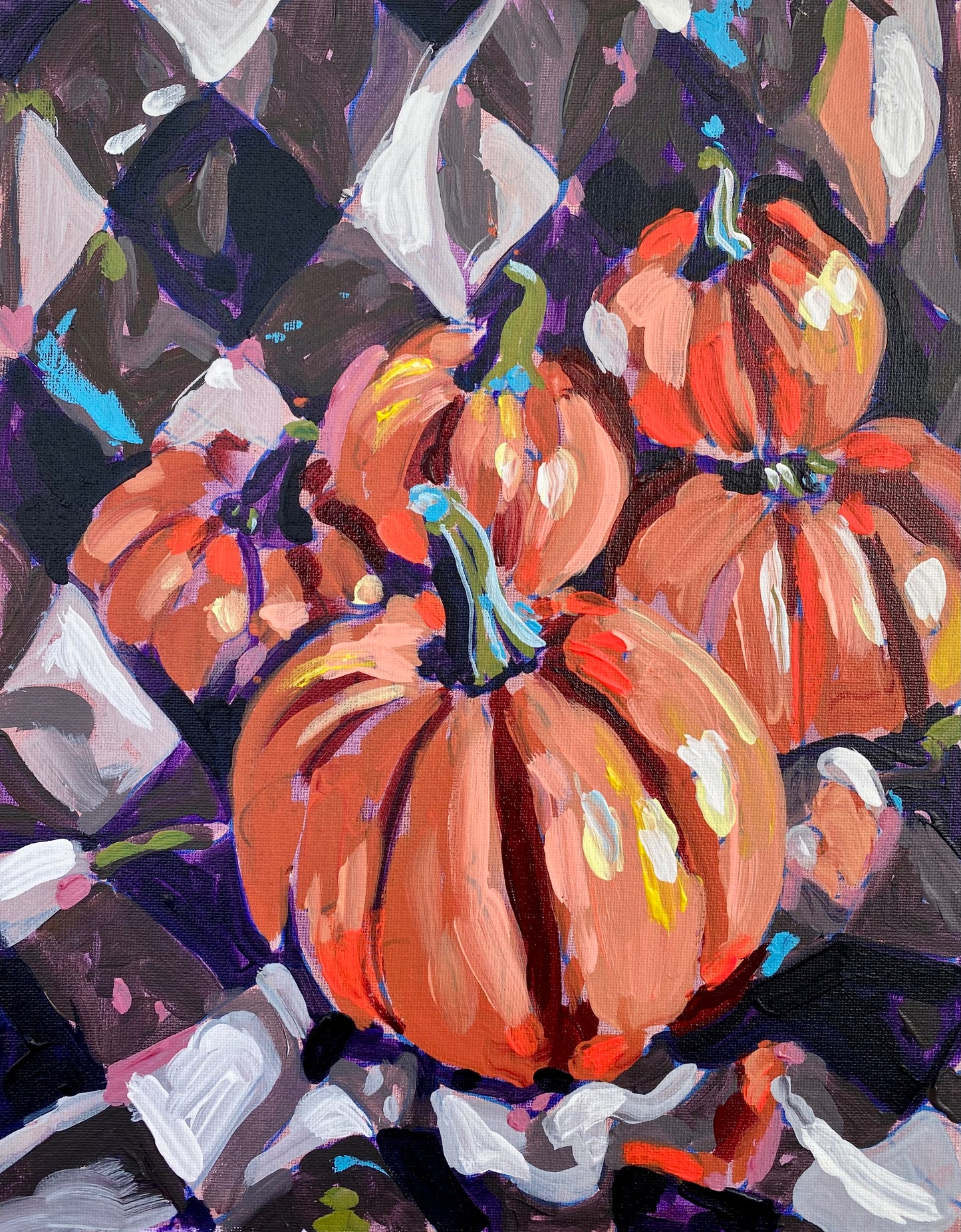 Pumpkins on Plaid Blanket Art Print