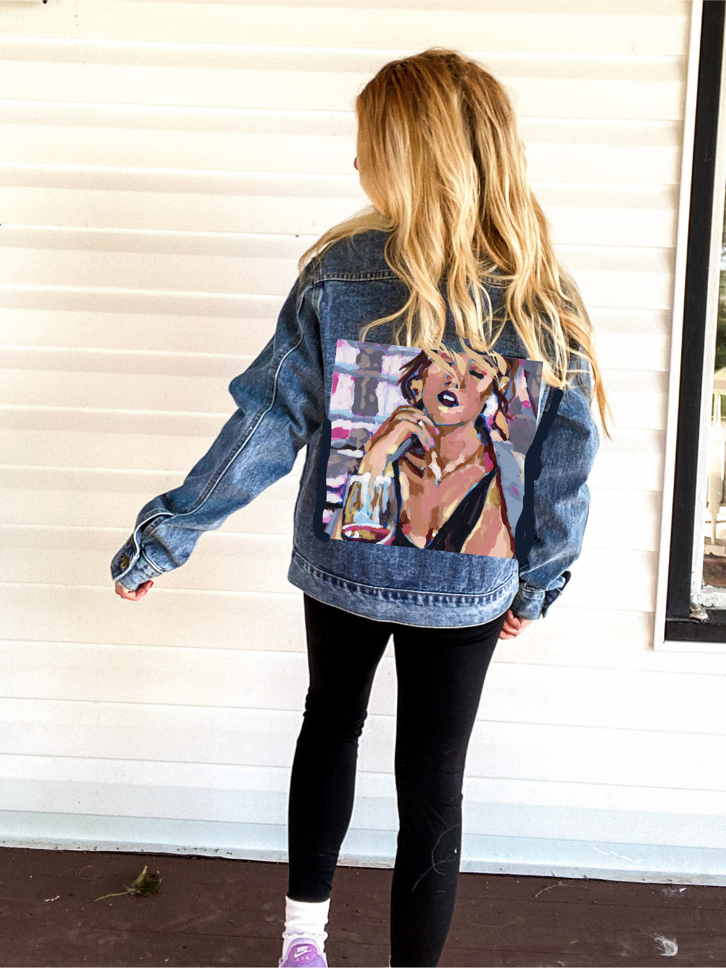 Denim Jacket - Wine Girl Painting